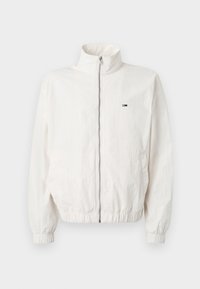White lightweight jacket with a high collar, full front zipper, elasticized cuffs and hem, featuring a small logo on the left chest.