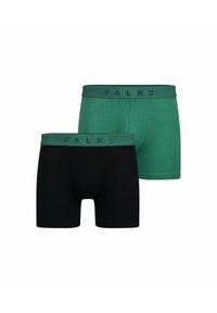 Zwei Paar FALKE Boxershorts: eines in schlichtem Schwarz und eines in schlichtem Grün, mit elastischen Taillenbündchen, die den Markennamen in dunkler Schrift zeigen.