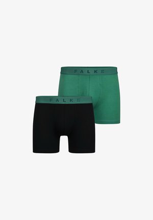 Two pairs of FALKE boxer shorts: one in solid black and one in solid green, featuring elastic waistbands with the brand name in dark lettering.