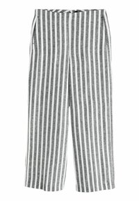 Pantalons légers à rayures grises et blanches avec une coupe large, présentant des poches latérales et une texture lisse.