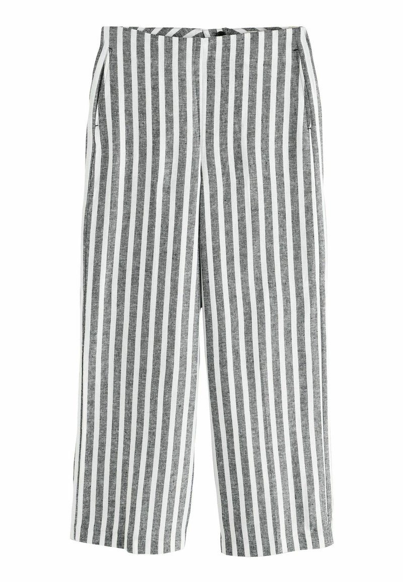 Pantalons légers à rayures grises et blanches avec une coupe large, présentant des poches latérales et une texture lisse.