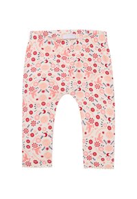 Leggings floraux avec un fond crème clair, ornés de motifs de fleurs rouges et bleues. Tissu doux avec une taille élastique. Longueur à mi-mollet.