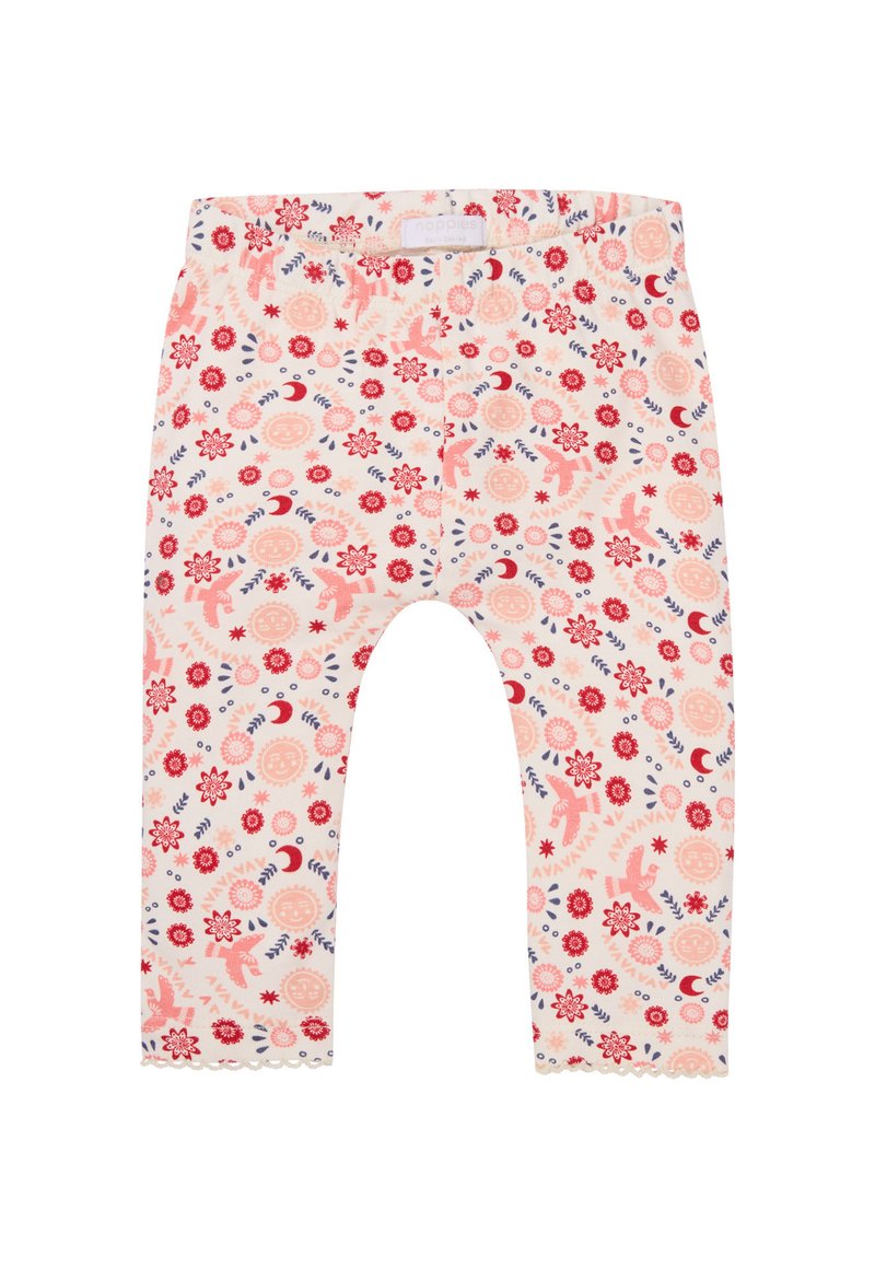 Leggings floraux avec un fond crème clair, ornés de motifs de fleurs rouges et bleues. Tissu doux avec une taille élastique. Longueur à mi-mollet.