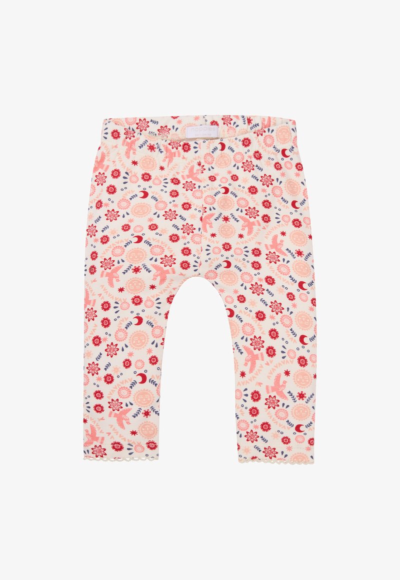 Bloemenleggings met een lichte crème achtergrond, voorzien van rode en blauwe bloemenpatronen. Zachte stof met een elastische tailleband. Midden kuitlengte.