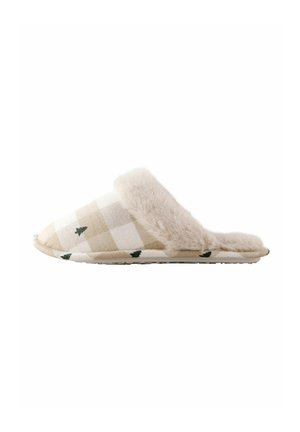 Soft beige and white plaid slipper with small green tree patterns and a fluffy faux fur lining around the opening, side view.