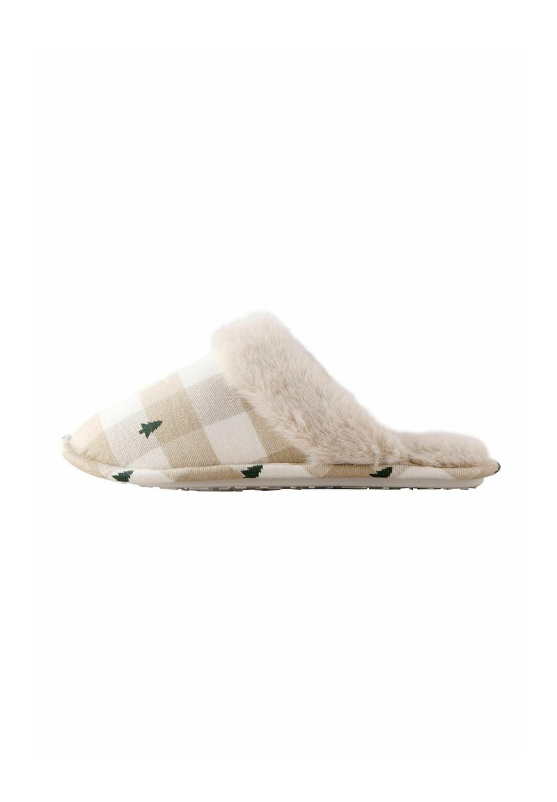 Soft beige and white plaid slipper with small green tree patterns and a fluffy faux fur lining around the opening, side view.