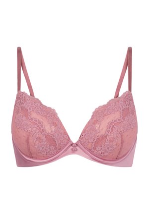Soutien-gorge rose orné de dentelle avec une finition satinée, présentant un décolleté plongeant, des bretelles ajustables et un bouton décoratif à l'avant.