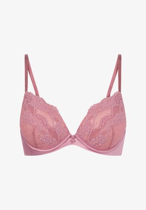 Lace-trimmed pink bra with a satin finish, featuring a plunging neckline, adjustable straps, and a decorative front button.