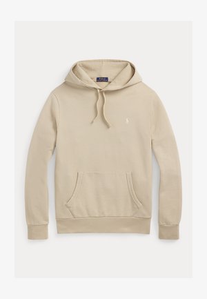Beige hoodie i mjukt tyg, med en framficka i kängurustil, dragsko i huvan och en liten broderad logotyp på bröstet.