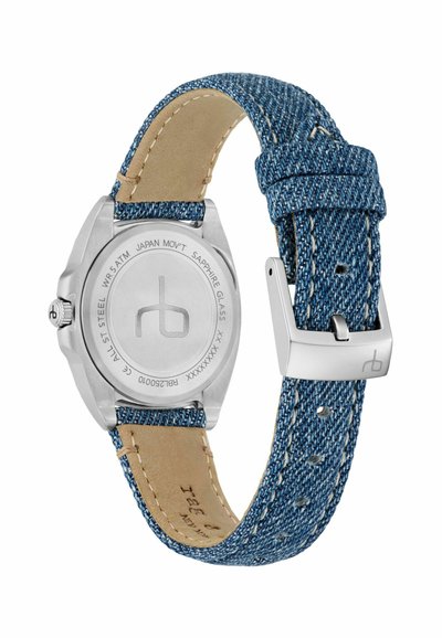 Analog watch with a stainless steel case, blue denim strap, and leather lining. Features a sapphire glass cover and a silver buckle.