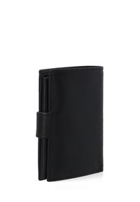 Black leather wallet with a smooth texture, featuring a fold-over design and a slim profile. No visible patterns or hardware accents.