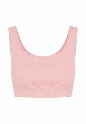 Jasnoróżowy crop top z okrągłym dekoltem, wykonany z miękkiego materiału. Posiada szerokie ramiączka oraz dopasowaną talię z elastycznymi detalami.