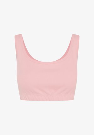 Jasnoróżowy crop top z okrągłym dekoltem, wykonany z miękkiego materiału. Posiada szerokie ramiączka oraz dopasowaną talię z elastycznymi detalami.