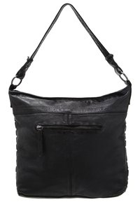 Musta nahkainen olkalaukku, jossa on teksturoitu pinta, pääosasto ja vetoketjullinen etutasku. Säädettävä olkahihna.