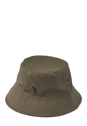 Oliwkowo-zielony kapelusz typu bucket wykonany z bawełny, z wąskim rondem, miękką fakturą i małym granatowym haftowanym logo z boku.