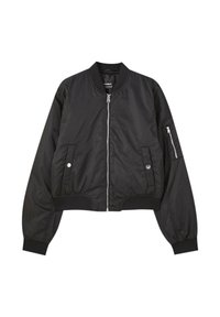 Veste bomber noire avec fermeture éclair à l'avant, poignets et ourlet côtelés. Comprend deux poches latérales et une poche zippée sur la manche. Texture lisse.