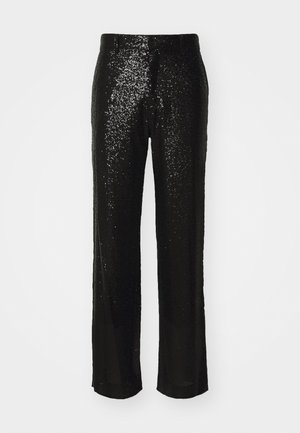 Pantalons larges en sequins noirs avec une texture lisse et une coupe droite, présentant un léger éclat, adaptés aux occasions formelles.