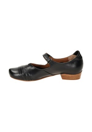 Black leather shoe with a rounded toe, featuring a strap across the instep, subtle pleats, and a low wooden heel. Smooth texture.
