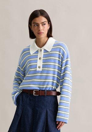 Pull en rayures bleu clair, vert et blanc avec un col blanc. Comprend trois boutons et des manches longues, associé à une jupe en denim sombre.