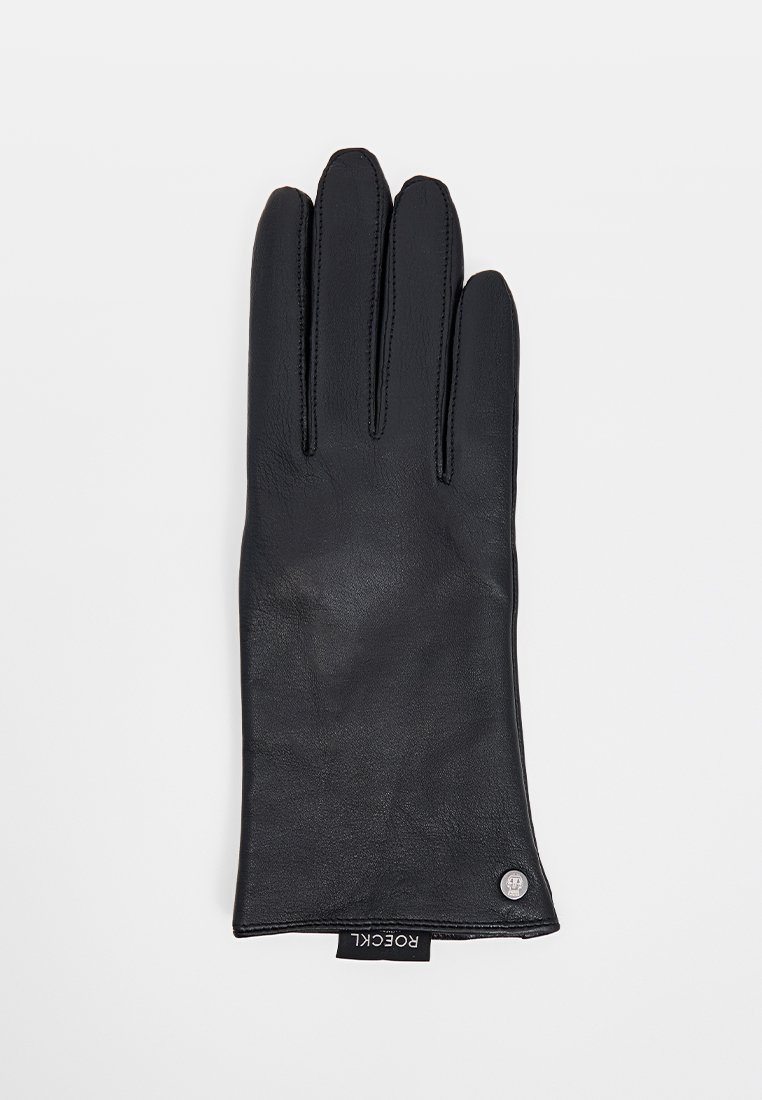 Schwarzer Lederhandschuh mit fünf Fingern, glatte Textur, kontrastierende Nähte, Logo-Knopf am Handgelenk und Etikett mit Markennamen.