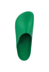 Green slip-on shoe made of textured plastic. Features a rounded toe and an open back design for easy wear. Smooth interior surface.