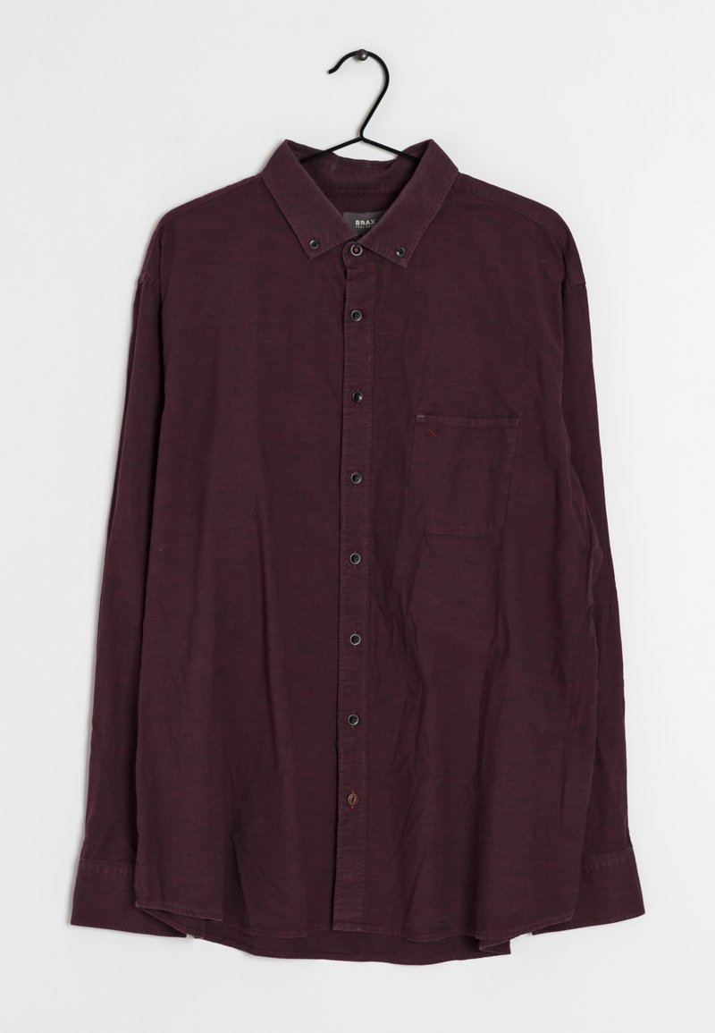 Camicia a maniche lunghe con bottoni di colore bordeaux scuro. Caratterizzata da un colletto, taschino frontale e bottoni neri; realizzata in un tessuto testurizzato.