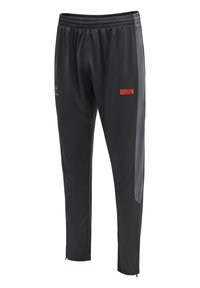 Schwarze Sporthosen aus glattem Stoff, mit taillierter Passform, elastischem Bund und kontrastierenden roten Logo-Details.