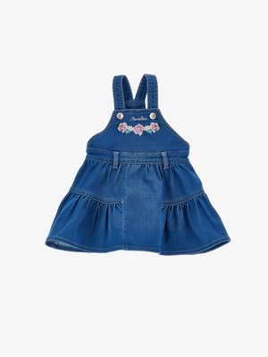 Jeans obleka za dojenčke z nastavljivimi naramnicami, cvetličnim vezenjem, srebrnimi gumbi, naborki na krilu in zankami za pas.