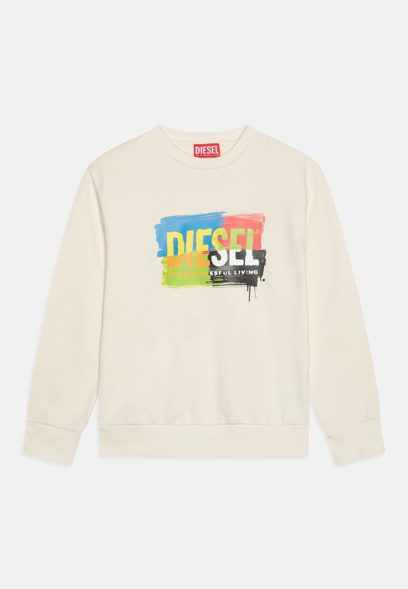 Sweat-shirt à manches longues couleur blanc cassé avec des blocs multicolores style pinceau et le logo "DIESEL For Successful Living" sur le devant.
