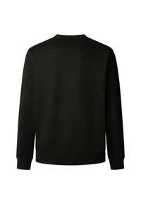 Sweatshirt preto com decote redondo, mangas longas e punhos e bainha canelados; textura suave com uma cor sólida, sem padrões ou gráficos.