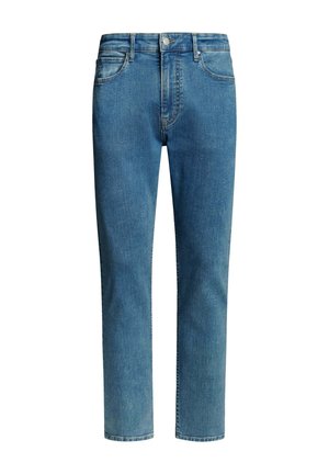 Blå denim jeans med lige ben, to forlommer, en lille møntlomme, bæltestropper og en standard knap- og lynlåslukning.