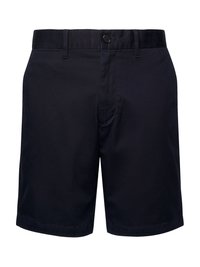 Marineblå shorts laget av glatt stoff, med knappeåpning, standard livlinje og rett snitt uten synlige mønstre.