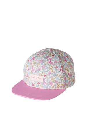 Baseball cap with pink brim and white crown covered in small colorful flowers, featuring a "cool girl" label on the front.
