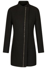 Zwarte mantel met een gestructureerd ontwerp, voorzien van een opstaande kraag, lange mouwen en een ritssluiting aan de voorkant met zilveren accenten. Geverfd textiel.