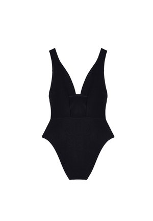 Black one-piece swimsuit with a deep V-neckline, wide shoulder straps, and a fitted silhouette. Made from smooth, stretchy fabric.