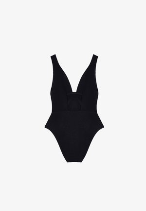 Black one-piece swimsuit with a deep V-neckline, wide shoulder straps, and a fitted silhouette. Made from smooth, stretchy fabric.