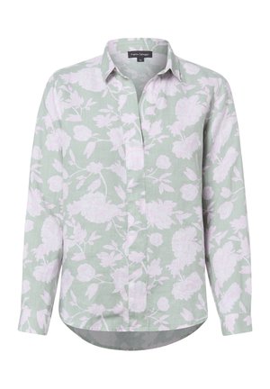 Langärmliges Hemd mit Knopfleiste in Hellgrün mit blassrosa Blumenmuster und klassischem Kragen.
