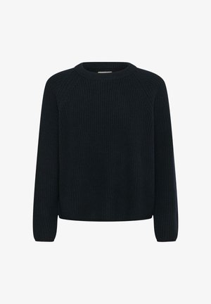 Marinblå strukturerad stickad tröja med rund hals och raglanärmar, med en avslappnad passform och ribbad detaljer vid nederkant och ärmslut.