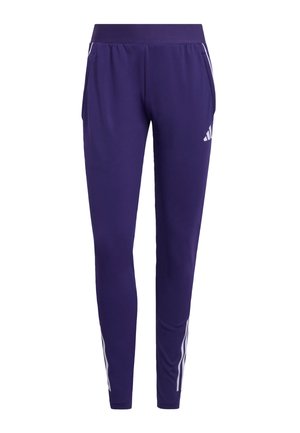 Purple athletic pants made of smooth fabric, featuring white accent stripes along the sides and a comfortable elastic waistband.