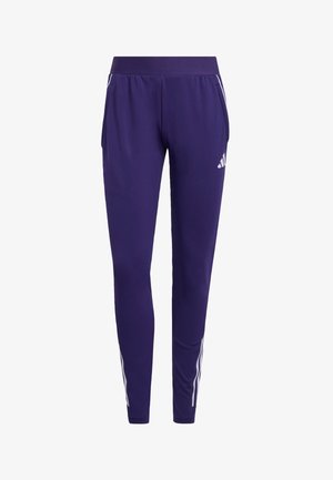Purple athletic pants made of smooth fabric, featuring white accent stripes along the sides and a comfortable elastic waistband.