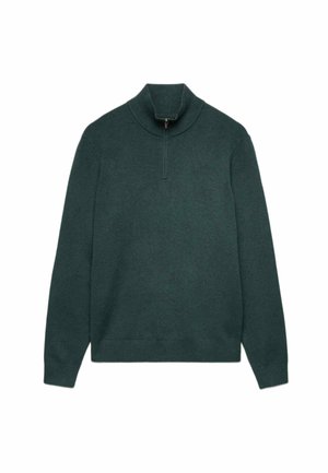 Mørkegrøn langærmet sweater med høj krave og kort lynlås foran i midten.