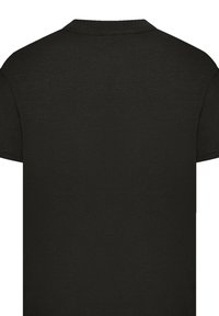 Schwarzes T-Shirt mit kurzen Ärmeln, von hinten gezeigt, mit rundem Ausschnitt und dezenten Nähten entlang des Kragens und der Ärmel.
