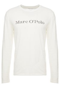Witte lange mouwen t-shirt van zacht materiaal, met het "Marc O'Polo" logo in het grijs op de voorkant, met een ronde halslijn en rechte pasvorm.