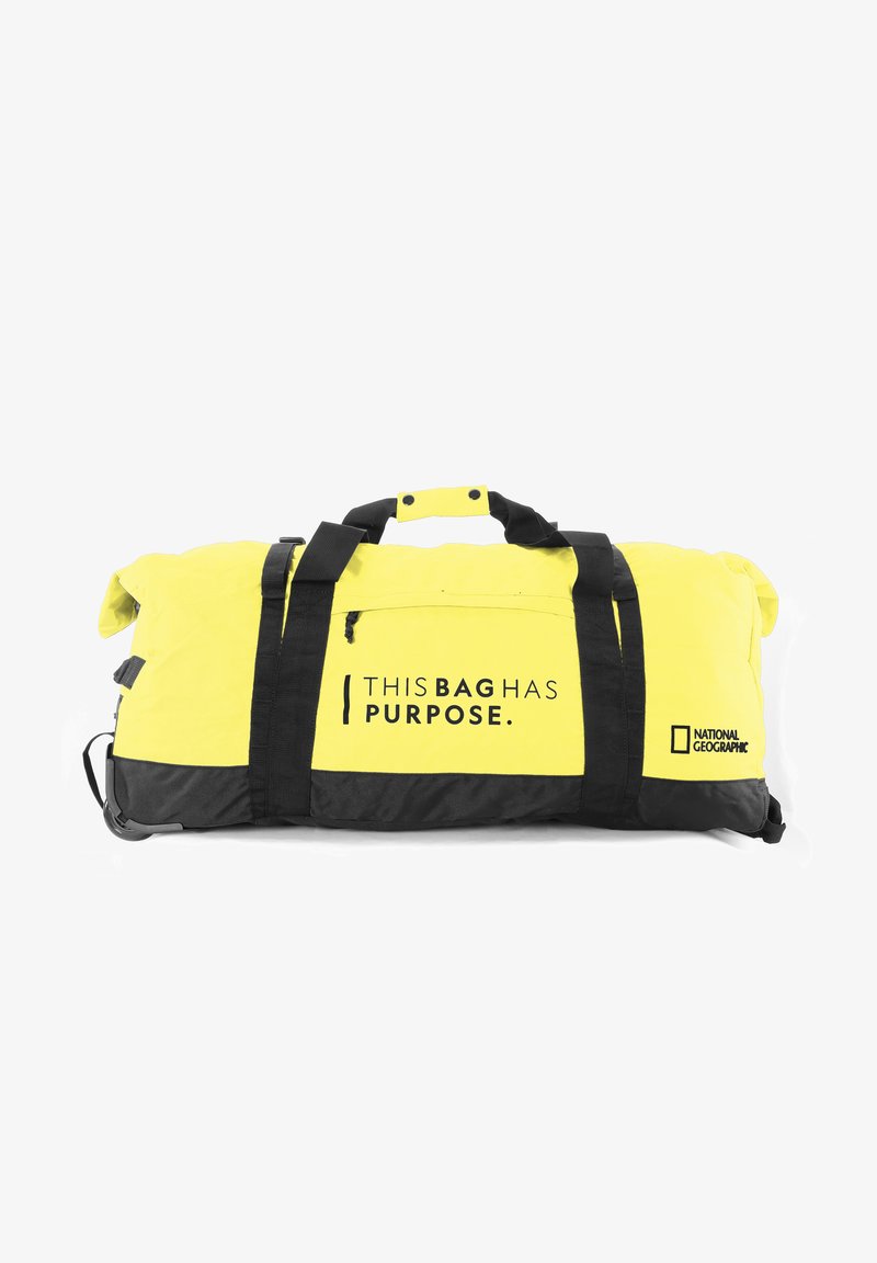 Yellow duffel bag with black accents, fabric material, top handles, front pocket, and printed text: "THIS BAG HAS PURPOSE." and "NATIONAL GEOGRAPHIC."