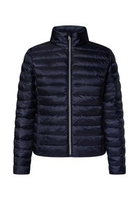 Veste matelassée bleu marine avec col montant, motif matelassé horizontal, fermeture éclair intégrale à l'avant et tissu lisse et brillant.
