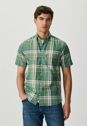 Junger Mann mit kurzen braunen Haaren, der ein kariertes kurzärmeliges Hemd in Grün, Weiß und Gelb sowie eine blaue Jeans trägt, vor einem einfarbigen Hintergrund.