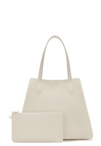 Bolso tote estructurado en beige con cuero liso y texturizado. Presenta dos asas y un bolso a juego desmontable con un logo dorado.