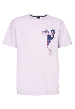 T-shirt en coton violet clair avec un imprimé graphique d'un oiseau et un logo sur la poitrine gauche. Col rond classique et manches courtes.