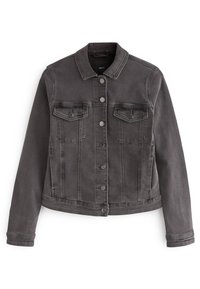 Gray denim jacket with a collar, front button closure, two chest pockets, and long sleeves. Features subtle stitching detail.