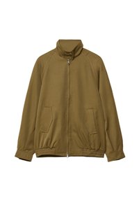 Olivgrüne Jacke aus glattem Stoff mit höherem Kragen, Frontreißverschluss, zwei Seiten Taschen sowie elastischem Saum und Bündchen.